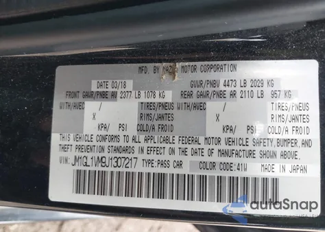 2018 Mazda Mazda6 Touring из США, поврежденный, VIN JM1GL1VM9J1307217